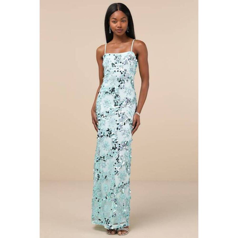 Lulus Esben Light Blue Mesh Sequin Mermaid Maxi Dress - Size S Never Worn